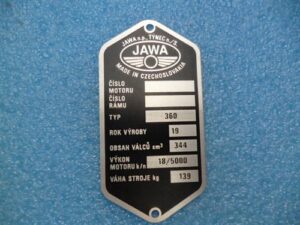 Štítek typový - Jawa 350/360 (leptaný,předtištěný)