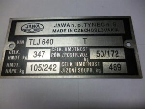 štítek typový-Jawa 350/640 (leptaný,předtištěný)