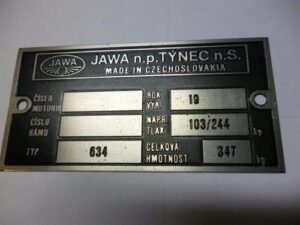 štítek typový-Jawa 350/634 (leptaný,předtištěný)