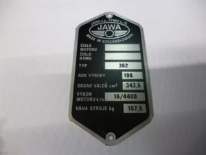 Štítek typový -leptaný Jawa 350/362 (předtištěný 196..)