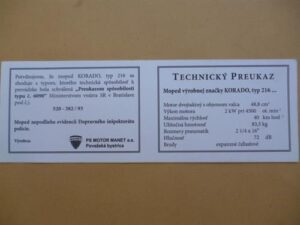 Technický preukaz moped KORADO