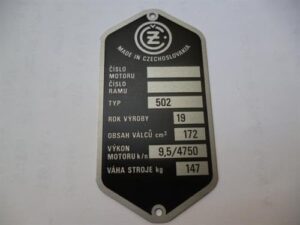 Štítek typový -leptaný ČZ 502 (předtištěný)
