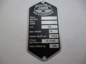Štítek typový -leptaný Jawa 250/592 (předtištěný)
