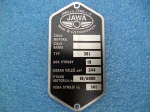 Štítek typový - Jawa 350/361 (leptaný,předtištěný)