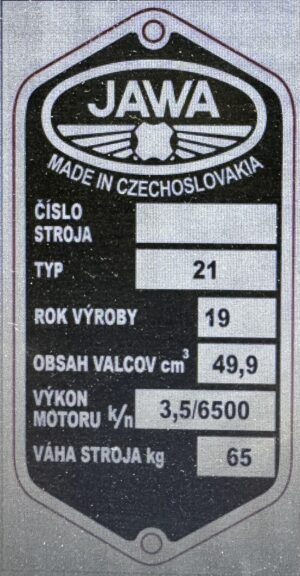 Výrobní štítek s nýty ,,JAWA 23